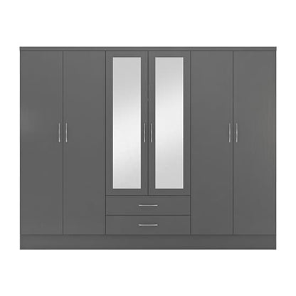 Mack Mirrored Wardrobe With 6 Doors 2 Drawers In 3D Effect Grey