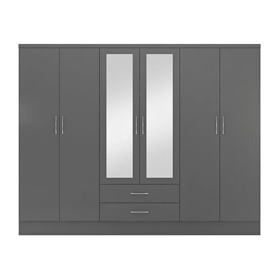 Mack Mirrored Wardrobe With 6 Doors 2 Drawers In 3D Effect Grey