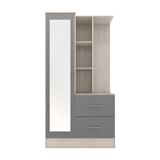 Mack Mirrored Gloss 1 Door Wardrobe With Open Shelf In Grey Light Oak