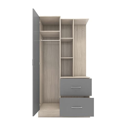 Mack Mirrored Gloss 1 Door Wardrobe With Open Shelf In Grey Light Oak