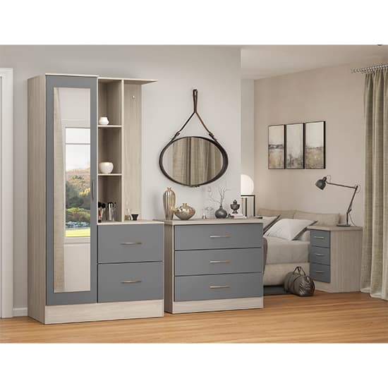 Mack Mirrored Gloss 1 Door Wardrobe With Open Shelf In Grey Light Oak