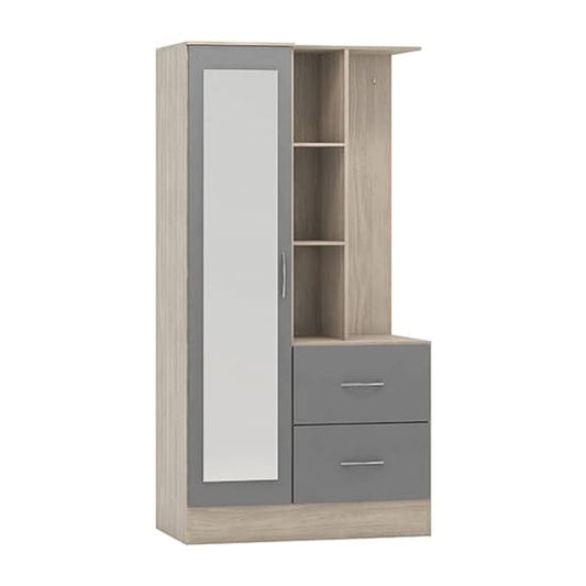 Mack Mirrored Gloss 1 Door Wardrobe With Open Shelf In Grey Light Oak