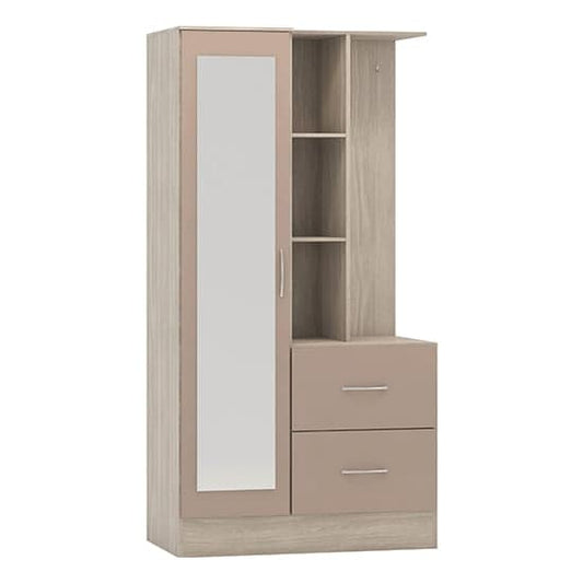 Mack Mirrored Gloss 1 Door Wardrobe With Open Shelf In Oyster Light Oak