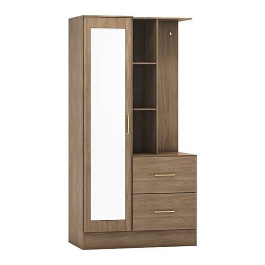 Mack Mirrored 1 Door Wardrobe With Open Shelf In Rustic Oak Effect