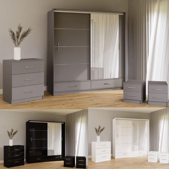 Warrington Sliding Bedroom Set with 208cm Wardrobe, Bedside and Chest - Black, Grey, White
