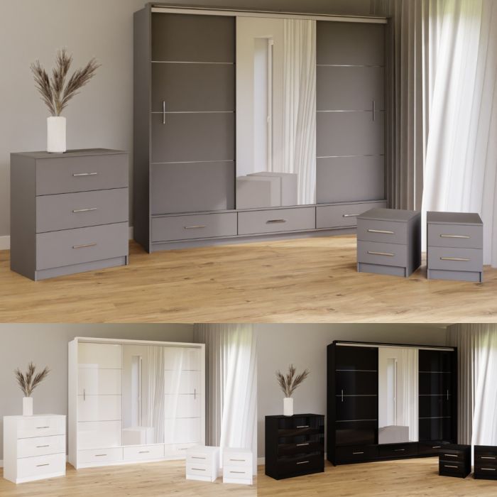 Warrington Sliding Bedroom Set Large 250cm Wardrobe, Bedside and Chest - White