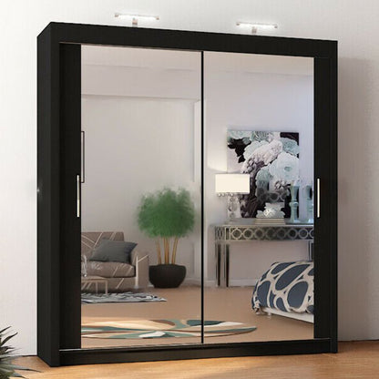 Full Mirrored Black Sliding 2 Door Wardrobe - 4 Sizes