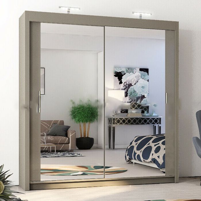 Full Mirrored Grey Sliding 2 Door Wardrobe - 4 Sizes