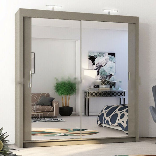 Full Mirrored Grey Sliding 2 Door Wardrobe - 4 Sizes
