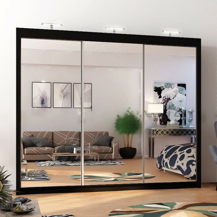 Full Mirrored Large Black 3 Door Sliding Wardrobe 250cm