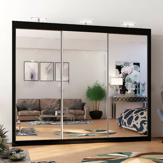 Full Mirrored Large Black 3 Door Sliding Wardrobe 250cm