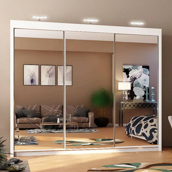 Full Mirrored Large White 3 Door Sliding Wardrobe 250cm