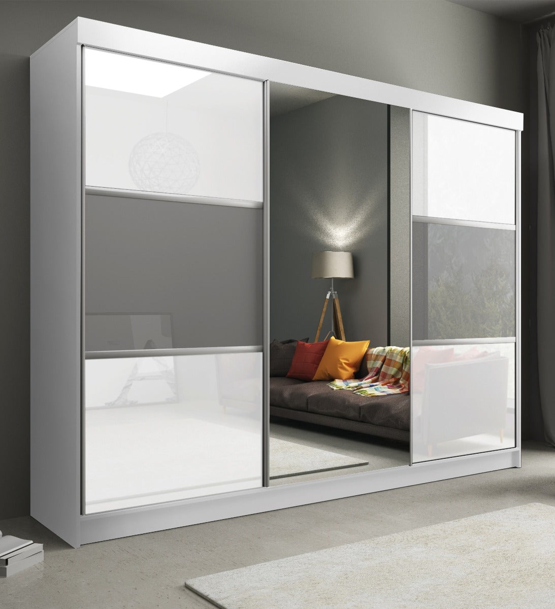 FURCO | Manhattan High Gloss | 3 Door Sliding Wardrobe | Lustrous White | Spacious & Modern Elegance