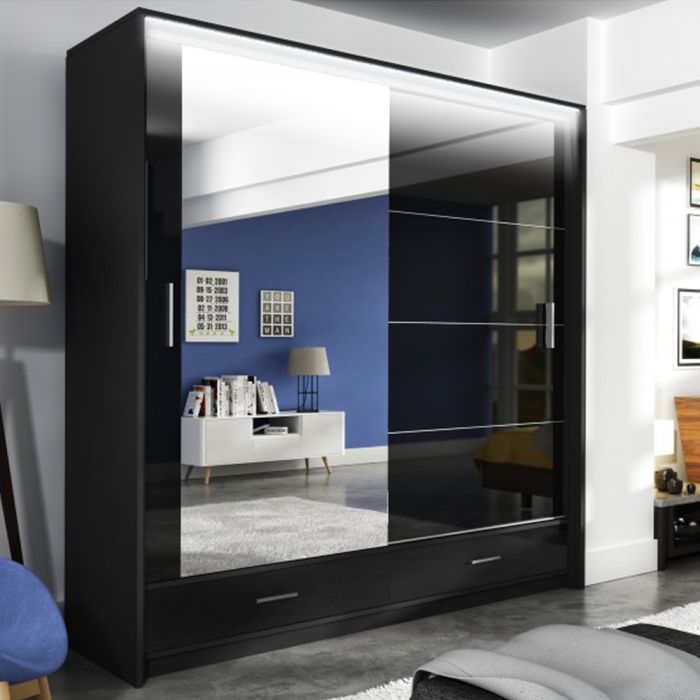Warrington Black Sliding 2 Door Mirrored Wardrobe | 208cm with Drawers | Modern Storage | Furco