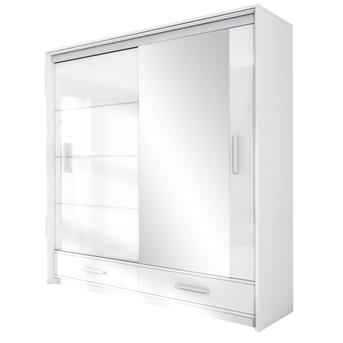 Warrington White Sliding 2 Door Mirrored Wardrobe | 208cm with Functional Drawers | Crisp Elegance | Furco