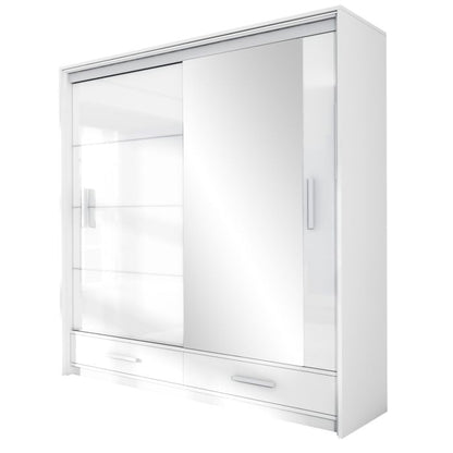 Warrington White Sliding 2 Door Mirrored Wardrobe | 208cm with Functional Drawers | Crisp Elegance | Furco