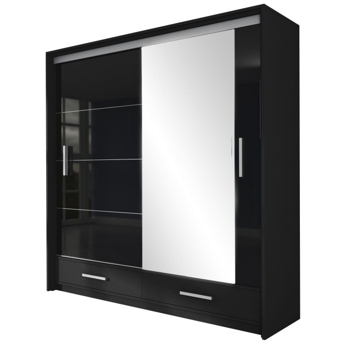 Warrington Black Sliding 2 Door Mirrored Wardrobe | 208cm with Drawers | Modern Storage | Furco