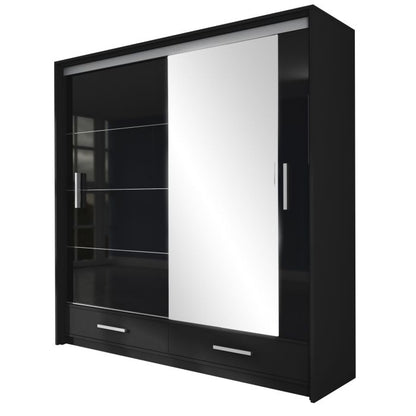 Warrington Black Sliding 2 Door Mirrored Wardrobe | 208cm with Drawers | Modern Storage | Furco