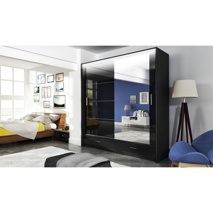 Warrington Black Sliding 2 Door Mirrored Wardrobe | 208cm with Drawers | Modern Storage | Furco