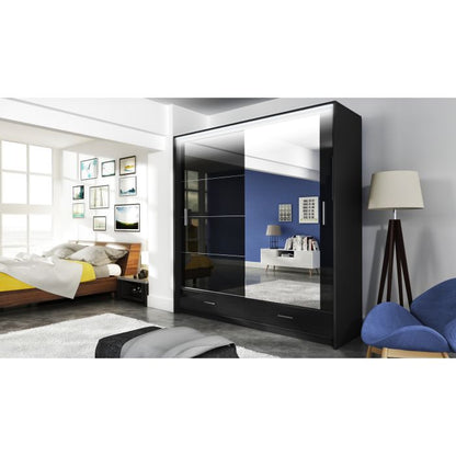 Warrington Black Sliding 2 Door Mirrored Wardrobe | 208cm with Drawers | Modern Storage | Furco