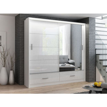 Warrington White Sliding 2 Door Mirrored Wardrobe | 208cm with Functional Drawers | Crisp Elegance | Furco