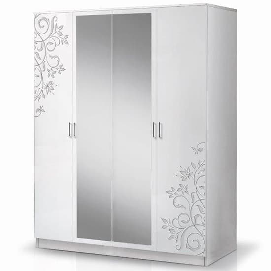 Mayon Mirrored 4 Doors Wardrobe In Flower Pattern White Gloss