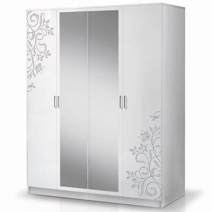 Mayon Mirrored 4 Doors Wardrobe In Flower Pattern White Gloss