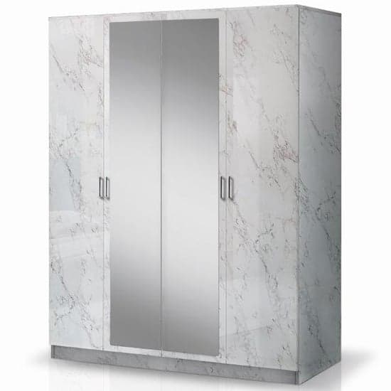 Mayon Mirrored Wooden 4 Doors Wardrobe In White Marble Effect