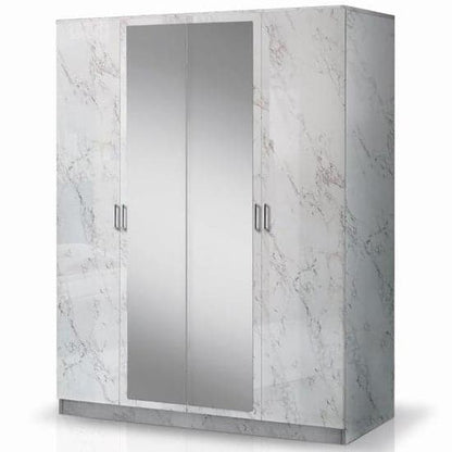 Mayon Mirrored Wooden 4 Doors Wardrobe In White Marble Effect