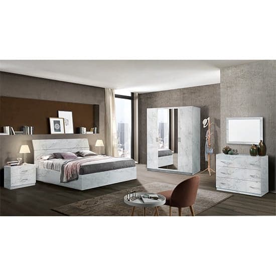 Mayon Mirrored Wooden 4 Doors Wardrobe In White Marble Effect