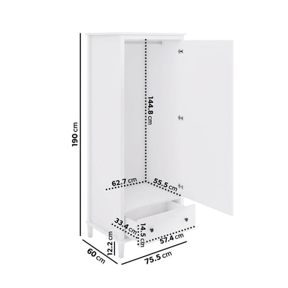 White Single 1 Door Wardrobe with Drawer - Marlowe