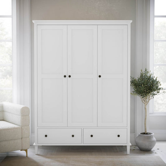 White Wooden 3 Door Triple Wardrobe with Drawers - Marlowe