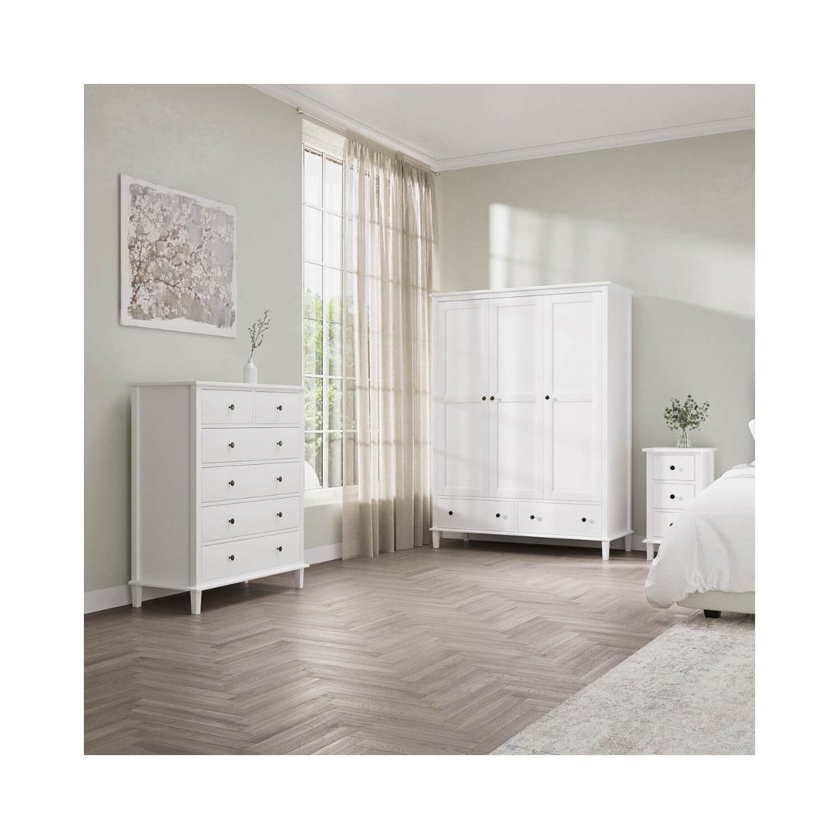 White Wooden 3 Door Triple Wardrobe with Drawers - Marlowe