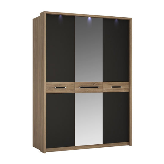 Moneti LED Mirrored 3 Doors Wardrobe In Oak And Matt Black