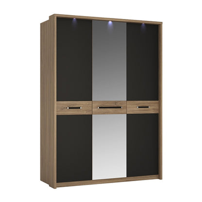 Moneti LED Mirrored 3 Doors Wardrobe In Oak And Matt Black