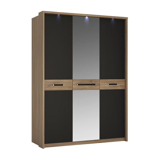 Moneti LED Mirrored 3 Doors Wardrobe In Oak And Matt Black
