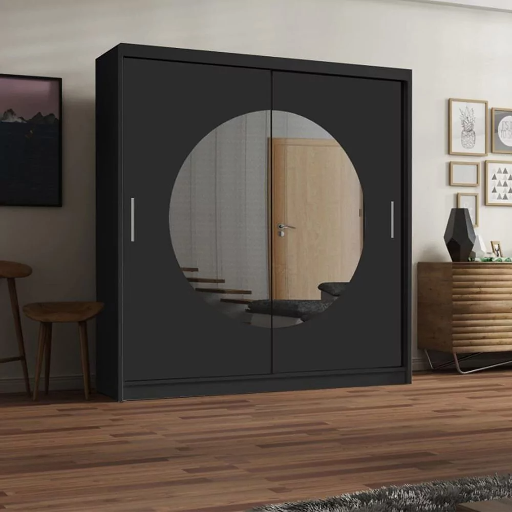FURCO | Moon Sliding 2 Door Wardrobe | Sophisticated Black | 150/203 cm | Contemporary & Versatile
