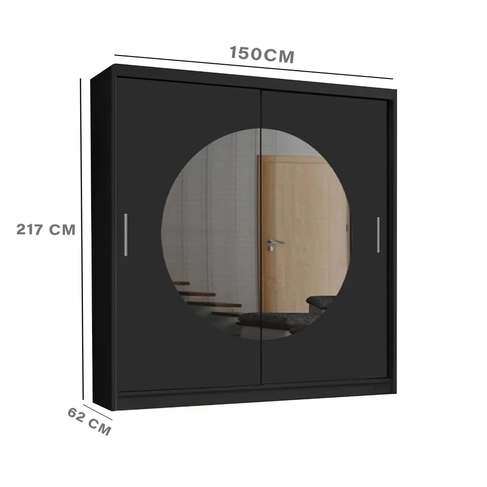 FURCO | Moon Sliding 2 Door Wardrobe | Sophisticated Black | 150/203 cm | Contemporary & Versatile