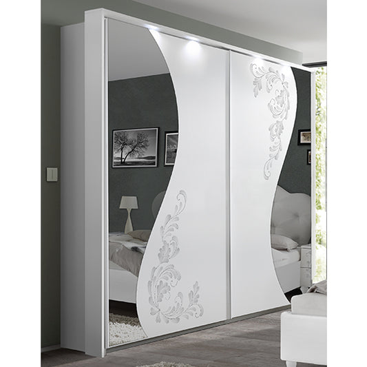 Naihati Italian Mirrored Wooden 2 Door Sliding Wardrobe In White With LED