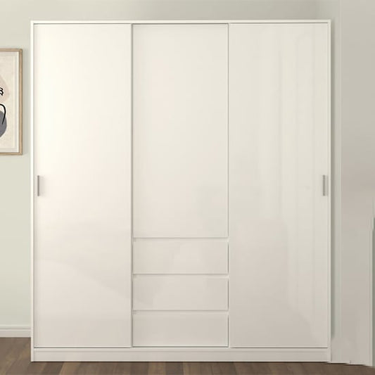 Nakou High Gloss Sliding Wardrobe 3 Doors 3 Drawers In White