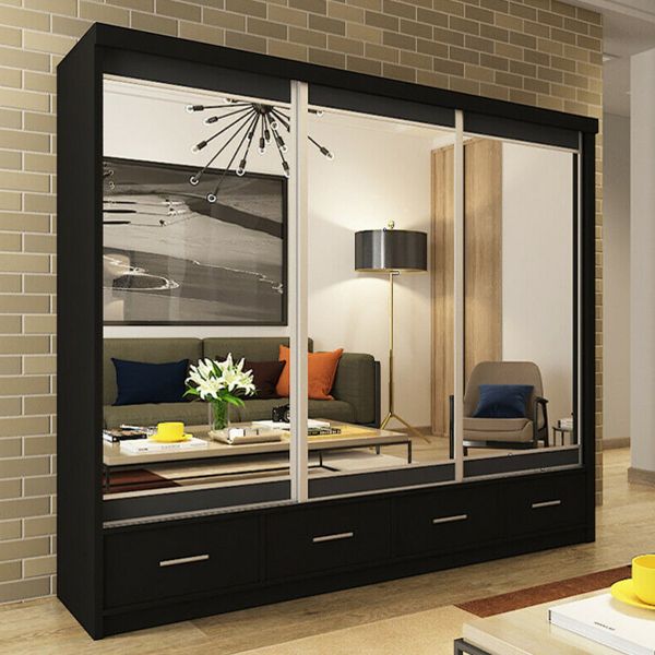 FURCO Newry 250cm Black Mirrored Sliding 3 Door Wardrobe with Drawers - Modern and Versatile