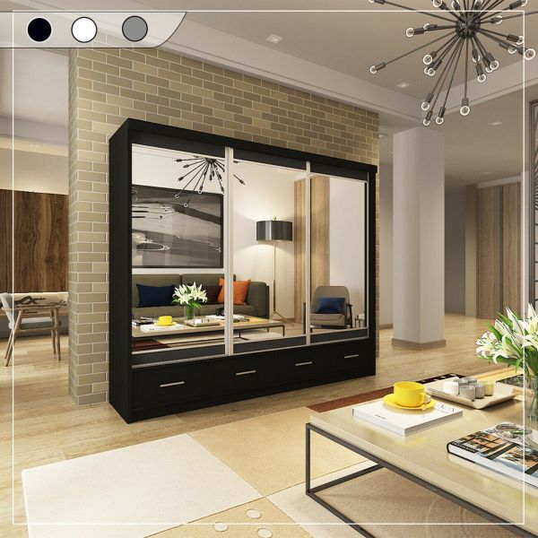 FURCO Newry 250cm Black Mirrored Sliding 3 Door Wardrobe with Drawers - Modern and Versatile