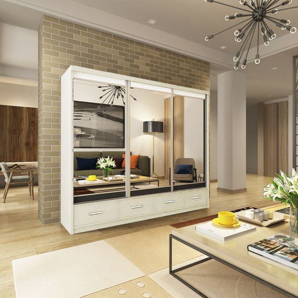 FURCO Newry 250cm Black Mirrored Sliding 3 Door Wardrobe with Drawers - Modern and Versatile