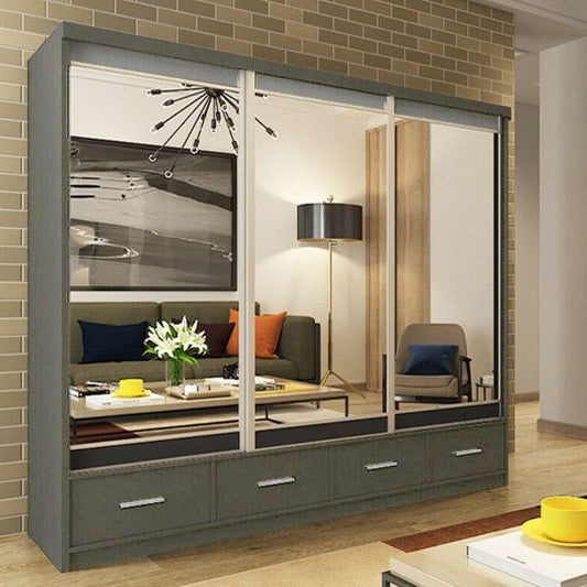 FURCO Newry 250cm Grey Mirrored Sliding 3 Door Wardrobe with Drawers - Spacious Design