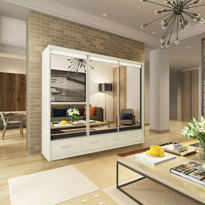 FURCO Newry 250cm Grey Mirrored Sliding 3 Door Wardrobe with Drawers - Spacious Design