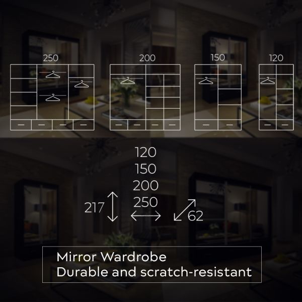 FURCO Newry 250cm Grey Mirrored Sliding 3 Door Wardrobe with Drawers - Spacious Design