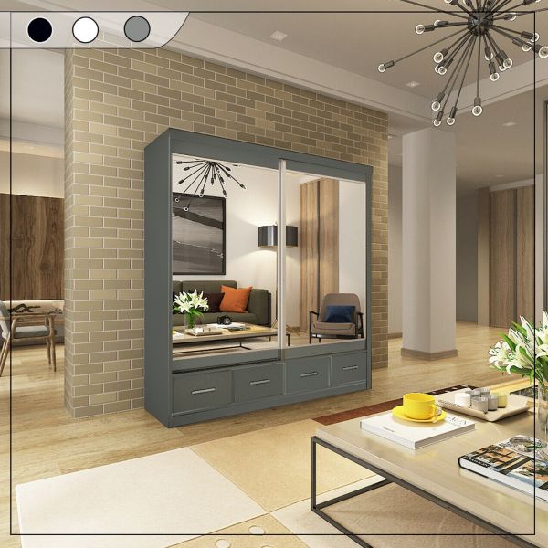 FURCO | Newry | Grey Sliding 2 Door Mirrored Wardrobe with Drawers | 150/200 cm | Modern & Versatile Design