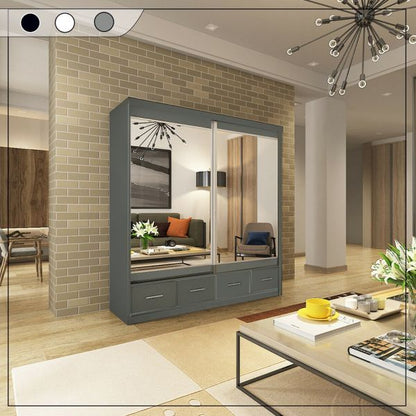 FURCO | Newry | Grey Sliding 2 Door Mirrored Wardrobe with Drawers | 150/200 cm | Modern & Versatile Design