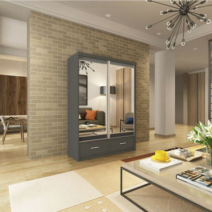 FURCO | Newry | Grey Sliding 2 Door Mirrored Wardrobe with Drawers | 150/200 cm | Modern & Versatile Design