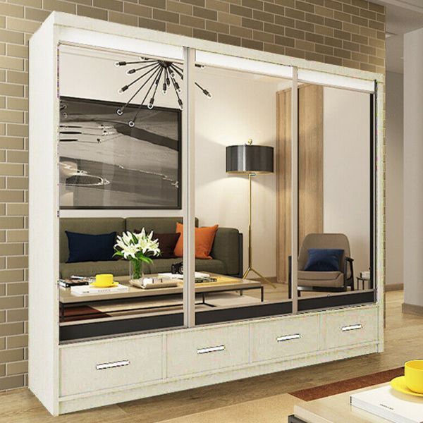 FURCO Newry 250cm White Mirrored Sliding 3 Door Wardrobe with Drawers - Elegant Storage Solution